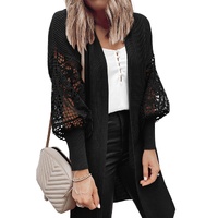 Black Crochet Lace Sleeve Ribbed Knit Cardigan - M thumbnail