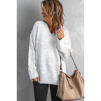 White V neck Drop Shoulder Knitted Sweater - S thumbnail