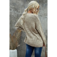 Khaki V neck Drop Shoulder Knitted Sweater - L thumbnail