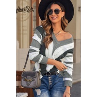 Gray Striped Colorblock V Neck Knitted Sweater - XS thumbnail