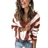 Brown Striped Colorblock V Neck Knitted Sweater - S thumbnail