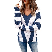 Blue Striped Colorblock V Neck Knitted Sweater - S thumbnail