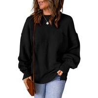 Black Solid Color Puffy Sleeve Pocketed Sweater - L thumbnail