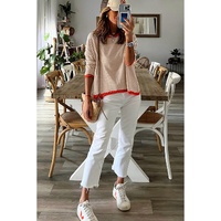 Brown Contrast Trimmed Striped Drop Shoulder Sweater - L thumbnail