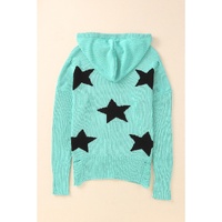 Green V Neck Star Pattern Hooded Sweater with Slits - S thumbnail