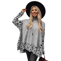 Gray Leopard High Neck Side Slit Oversized Sweater - XL thumbnail