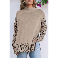 Khaki Leopard High Neck Side Slit Oversized Sweater - S thumbnail