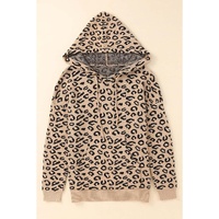 Khaki Leopard Knitted Drawstring Hooded Sweater - M thumbnail