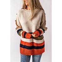 White Buttoned Shoulder Drop Shoulder Striped Sweater - S thumbnail