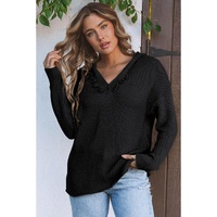 Black V Neck Ribbed Drop Shoulder Hooded Sweater - L thumbnail