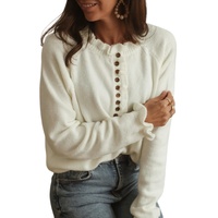 Beige Frill Trim Buttoned Knit Pullover Sweater - L thumbnail