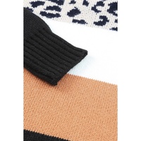 Khaki Leopard Color Block Long Sleeve Sweater - L thumbnail