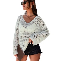 White Hollow Out Crochet V Neck Pullover Sweater - XL thumbnail