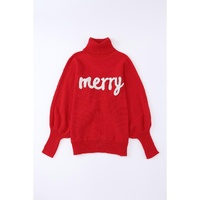 Azura Exchange Red Merry Letter Embroidered High Neck Sweater - M thumbnail