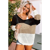 Black Color Block Eyelet Long Sleeve Twisted Back Knit Top - L thumbnail