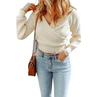 Azura Exchange Beige Ribbed Long Sleeve Surplice Crop Sweater - XL thumbnail