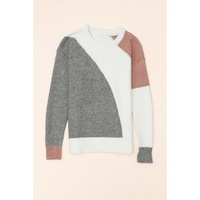 Gray Colorblock Ribbed Trim Round Neck Sweater - L thumbnail