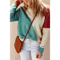 Multicolor Colorblock Ribbed Trim Round Neck Sweater - M thumbnail