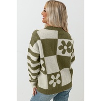 Green Checkered Floral Print Striped Sleeve Sweater - S thumbnail