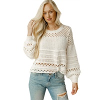 White Solid Color Pointelle Knit Puff Sleeve Sweater - L thumbnail