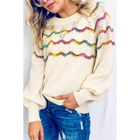 White Wavy Striped Pointelle Bishop Sleeve Sweater - S thumbnail