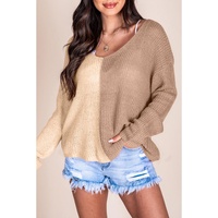 Khaki Long Sleeve V-Neck Colorblock Sweater - XL thumbnail