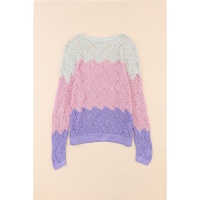 Pink Color Block Hollow Knitted Loose Sweater - L thumbnail