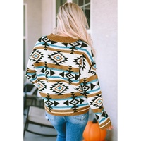Brown Aztec Striped Knit Ribbed Trim Sweater - L thumbnail