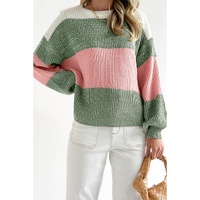 Green Colorblock Drop Shoulder Pullover Loose Sweater - M thumbnail