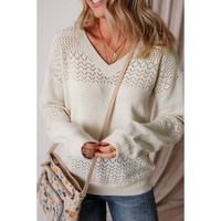 White Eyelet Pattern Detail V Neck Drop Shoulder Sweater - XL thumbnail