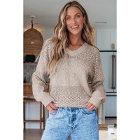 Brown Eyelet Pattern Detail V Neck Drop Shoulder Sweater - XL thumbnail