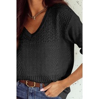 Black Eyelet Pattern Detail V Neck Drop Shoulder Sweater - S thumbnail