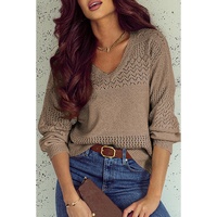 Camel Eyelet Pattern Detail V Neck Drop Shoulder Sweater - 2XL thumbnail