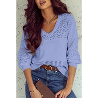 Sky Blue Eyelet Pattern Detail V Neck Drop Shoulder Sweater - S thumbnail