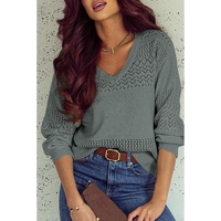 Mist Green Eyelet Pattern Detail V Neck Drop Shoulder Sweater - S thumbnail