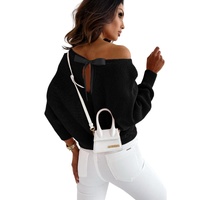 Black Ribbon Bow Knot Dolman Sleeve Sweater - L thumbnail