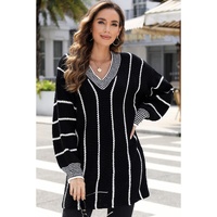 Black Colorblock Striped V Neck Knitted Loose Sweater - XL thumbnail