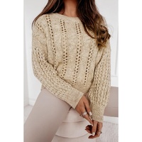 Khaki Eyelets Cable Knit Drop Shoulder Sweater - L thumbnail