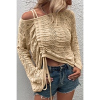 Khaki Hollowed Knit Asymmetric Drawstring Sweater - M thumbnail