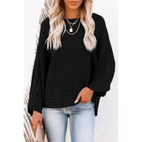 Black Exposed Seam Ribbed Knit Dolman Top - S thumbnail