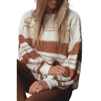 White Striped Knit Puff Sleeve Casual Sweater - S thumbnail