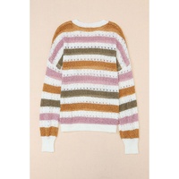 Multicolor Striped Hollowed Knitted Loose Sweater - M thumbnail