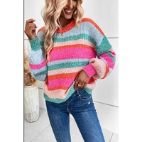 Multicolor Striped Knit Drop Shoulder Puff Sleeve Sweater - L thumbnail