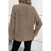 Khaki Pointelle Knit Button V Neck Drop Shoulder Sweater - L thumbnail