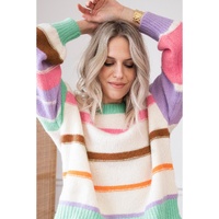 Multicolor Striped Colorblock Drop Shoulder Sweater - L thumbnail