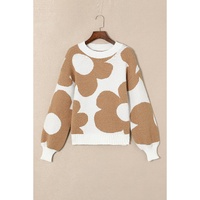 Khaki Big Flower Pattern Drop Shoulder Sweater - S thumbnail