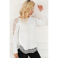 White Solid Scoop Neck Hollow Out Sweater - S thumbnail