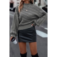 Gray Mock Neck Lantern Sleeve Cable Knit Sweater - XL thumbnail