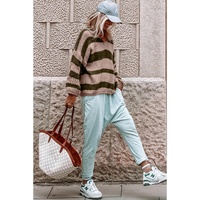 Green Striped Colorblock Knit V Neck Loose Fit Sweater - L thumbnail