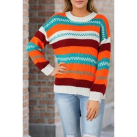 Multicolor Color Block Striped Loose Sleeve Sweater - L thumbnail
